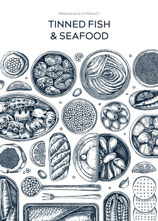 Canned labei frame design. Seafood background with hand-drawn sardines, anchovy, mackerel, tuna, mussels in tin cans, fish canapes drawings. Healthy food vintage banner. Tinned fish sketch